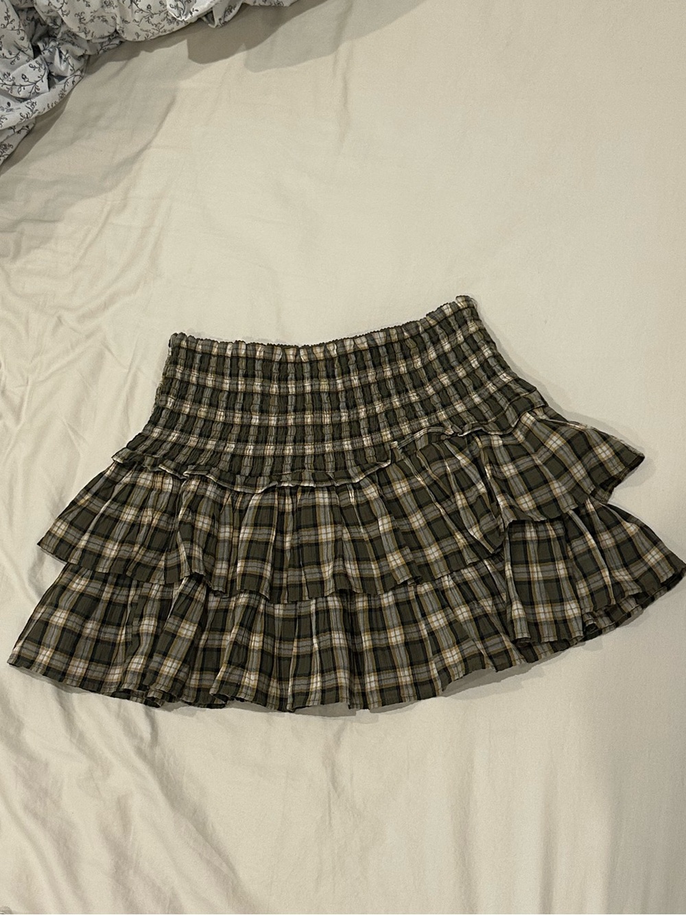 American Eagle Outfitters Olive and Black Plaid Tiered Mini Skirt